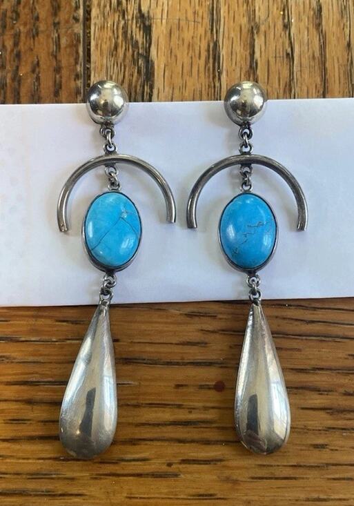Taxco Jewelry - Vintage TAXCO Mexico Sterling Silver Turquoise Dangle Earrings 3.4” 22g TC 127